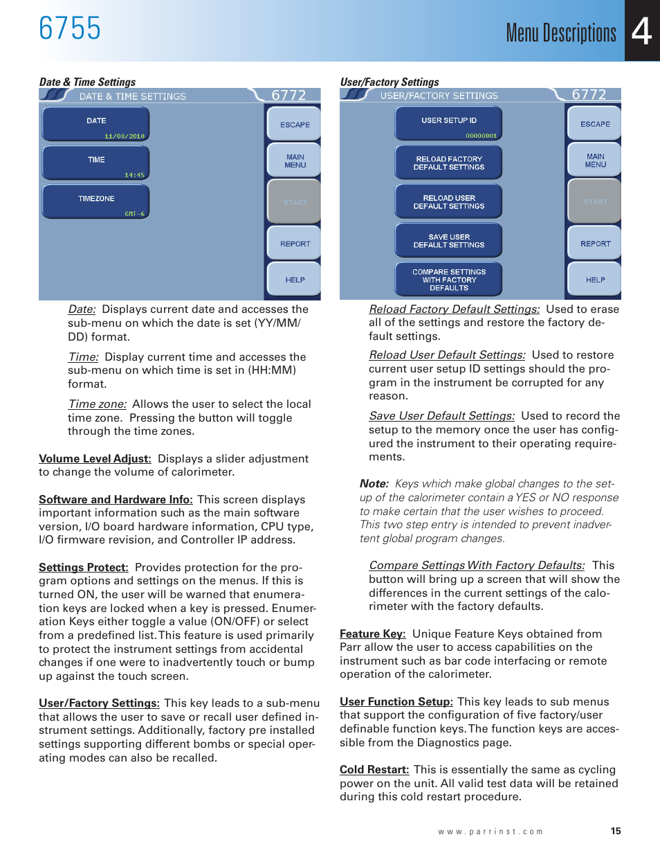 Menu descriptions | Parr Instrument 6755 User Manual | Page 17 / 52