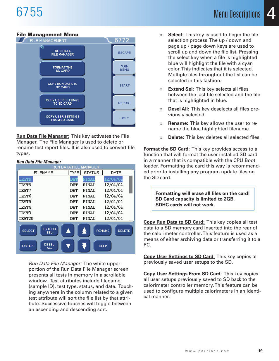 Menu descriptions | Parr Instrument 6755 User Manual | Page 21 / 52