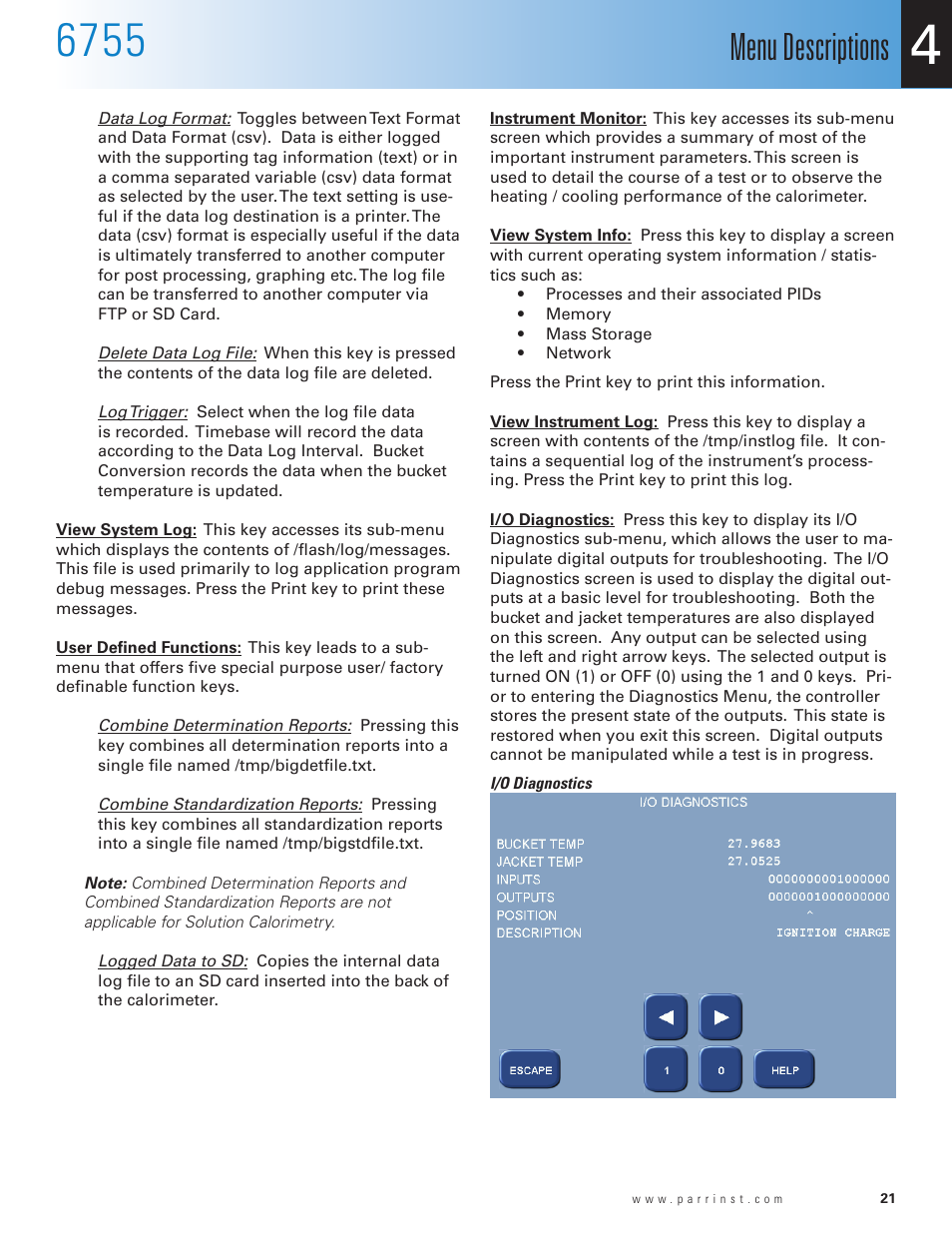 Menu descriptions | Parr Instrument 6755 User Manual | Page 23 / 52