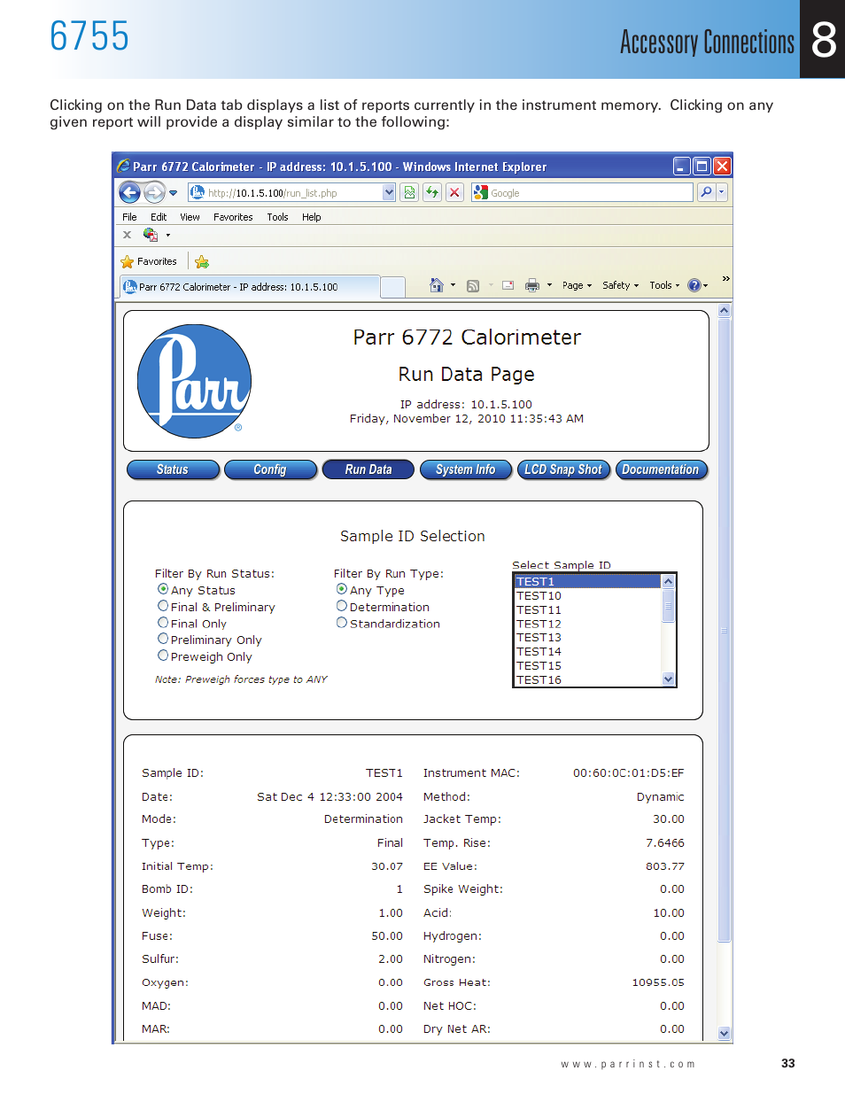 Accessory connections | Parr Instrument 6755 User Manual | Page 35 / 52