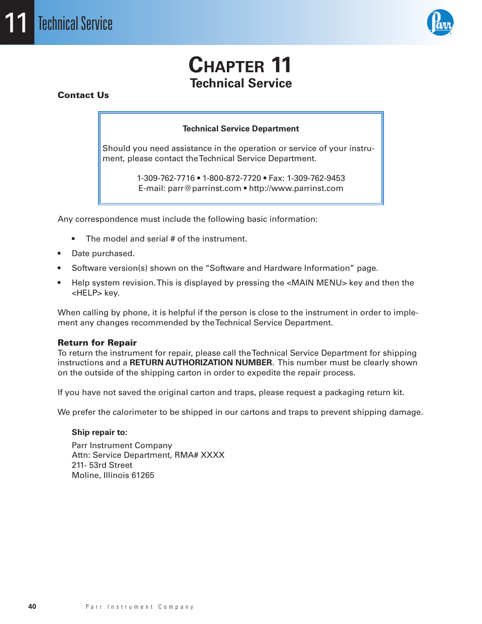 Technical service, Hapter | Parr Instrument 6755 User Manual | Page 42 / 52