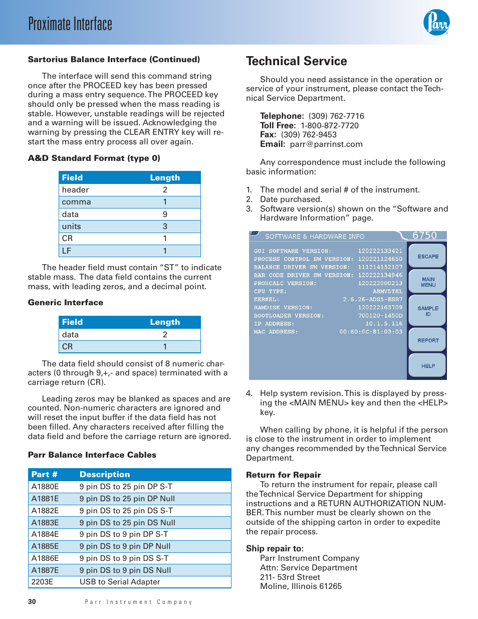 Proximate interface, Technical service | Parr Instrument 6750 User Manual | Page 31 / 36
