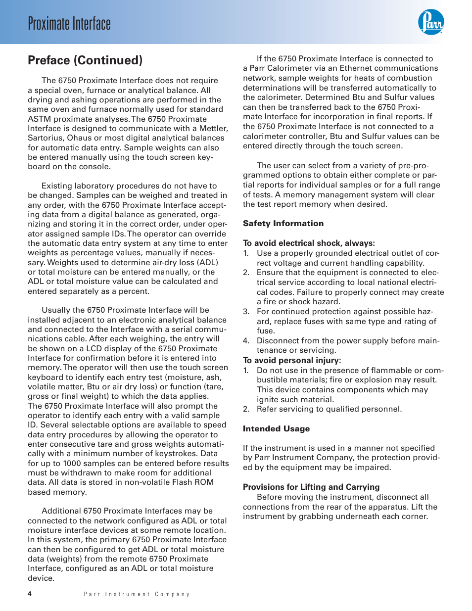 Proximate interface, Preface (continued) | Parr Instrument 6750 User Manual | Page 5 / 36