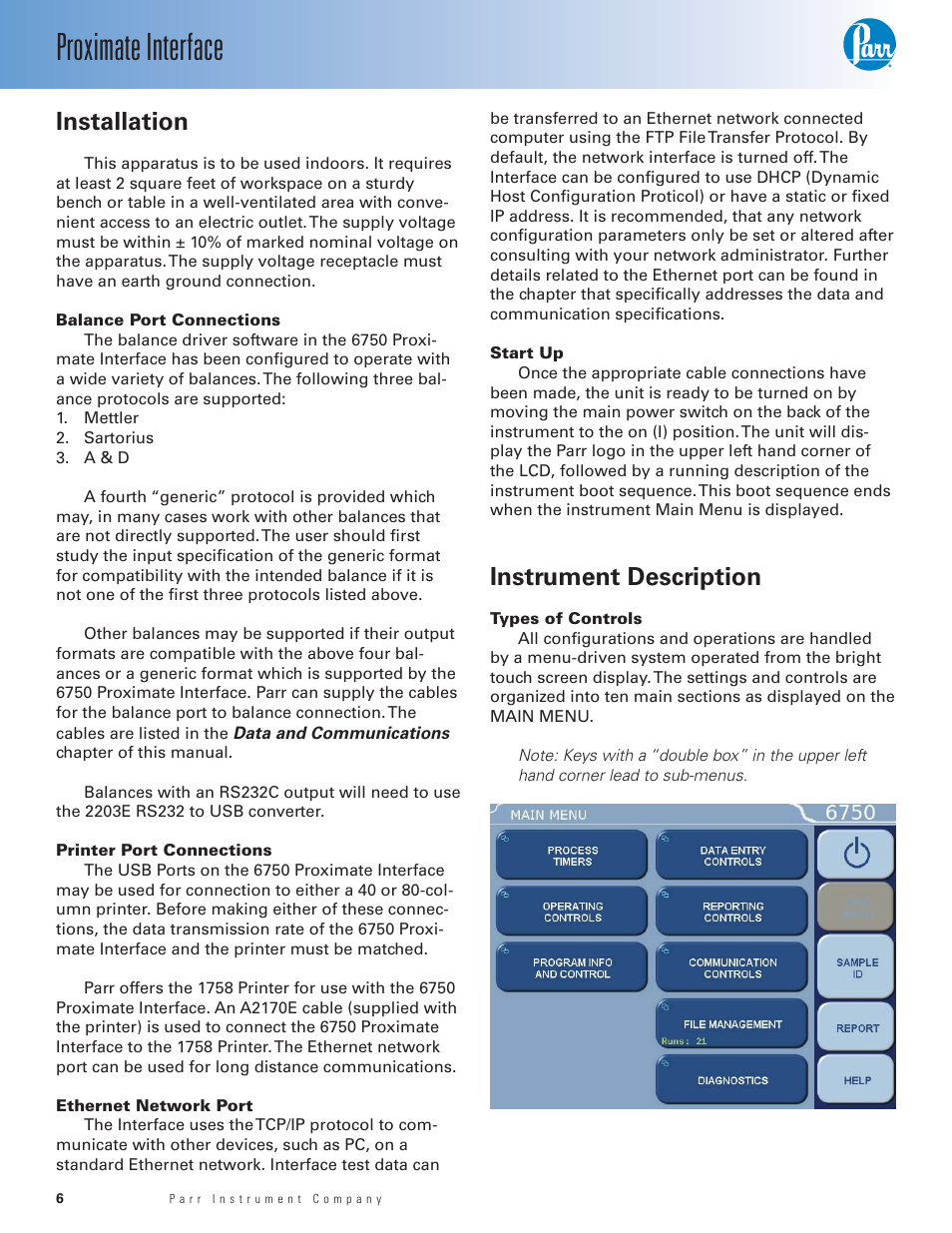 Proximate interface, Installation, Instrument description | Parr Instrument 6750 User Manual | Page 7 / 36
