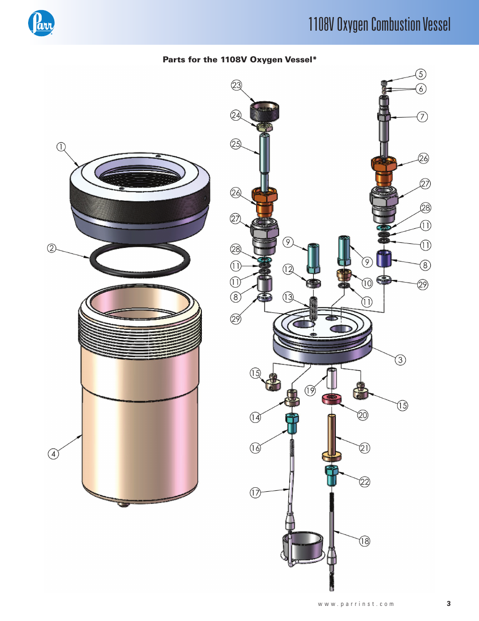 Parts for the 1108v oxygen vessel, 1108v oxygen combustion vessel | Parr Instrument 1108V User Manual | Page 3 / 4