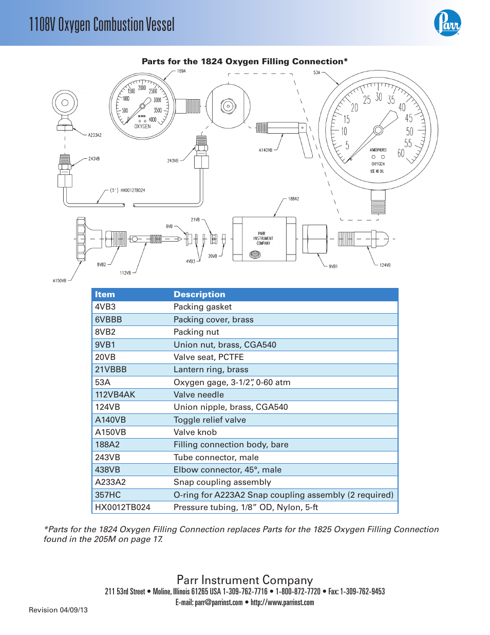 Parts for the 1824 oxygen filling connection, Contact parr instrument company, 1108v oxygen combustion vessel | Nstrument, Ompany | Parr Instrument 1108V User Manual | Page 4 / 4