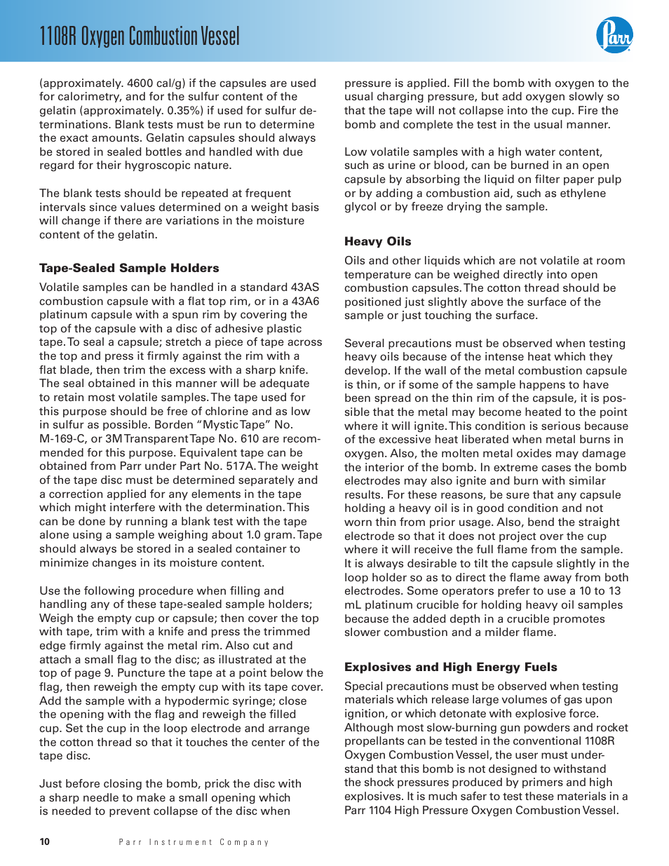 Tape-sealed sample holders, Heavy oils, Explosives and high energy fuels | 1108r oxygen combustion vessel | Parr Instrument 1108R User Manual | Page 10 / 20