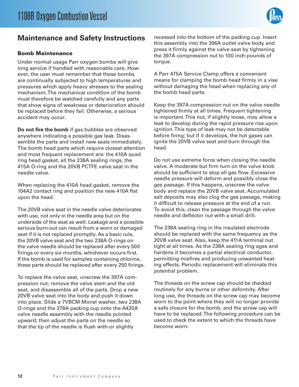 Maintenance and safety instructions, Bomb maintenance, 1108r oxygen combustion vessel | Parr Instrument 1108R User Manual | Page 12 / 20