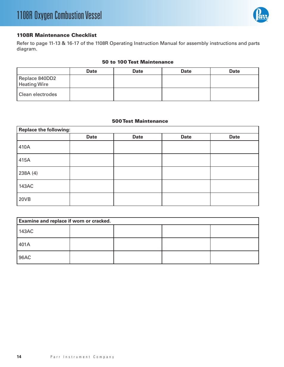 1108r maintenance checklist, 1108r oxygen combustion vessel | Parr Instrument 1108R User Manual | Page 14 / 20