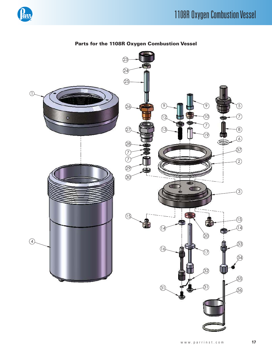 Parts for the 1108r oxygen combustion vessel, 1108r oxygen combustion vessel | Parr Instrument 1108R User Manual | Page 17 / 20