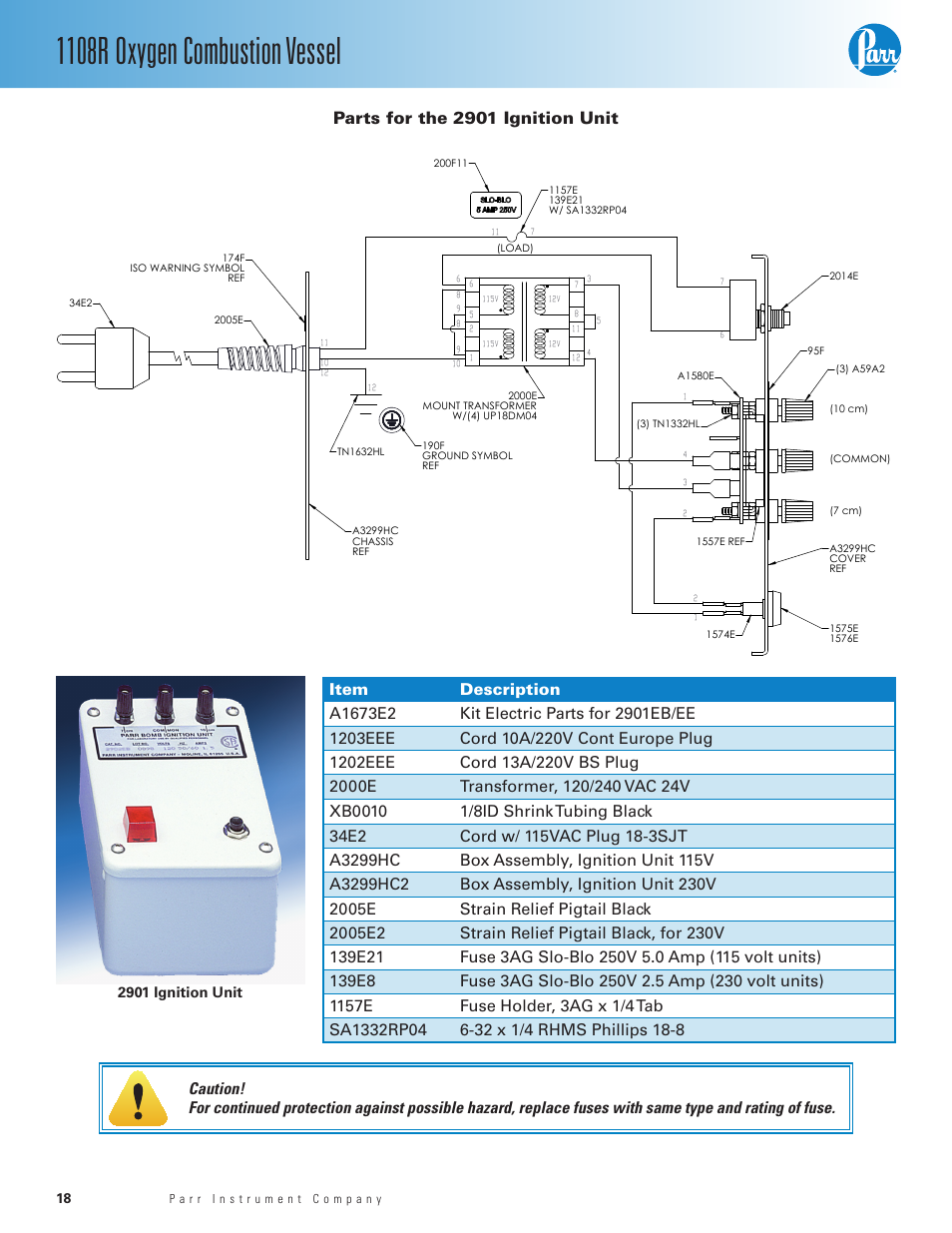 Parts for the 2901 ignition unit, 1108r oxygen combustion vessel | Parr Instrument 1108R User Manual | Page 18 / 20
