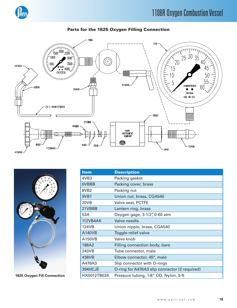 Parts for the 1825 oxygen filling connection, 1108r oxygen combustion vessel | Parr Instrument 1108R User Manual | Page 19 / 20