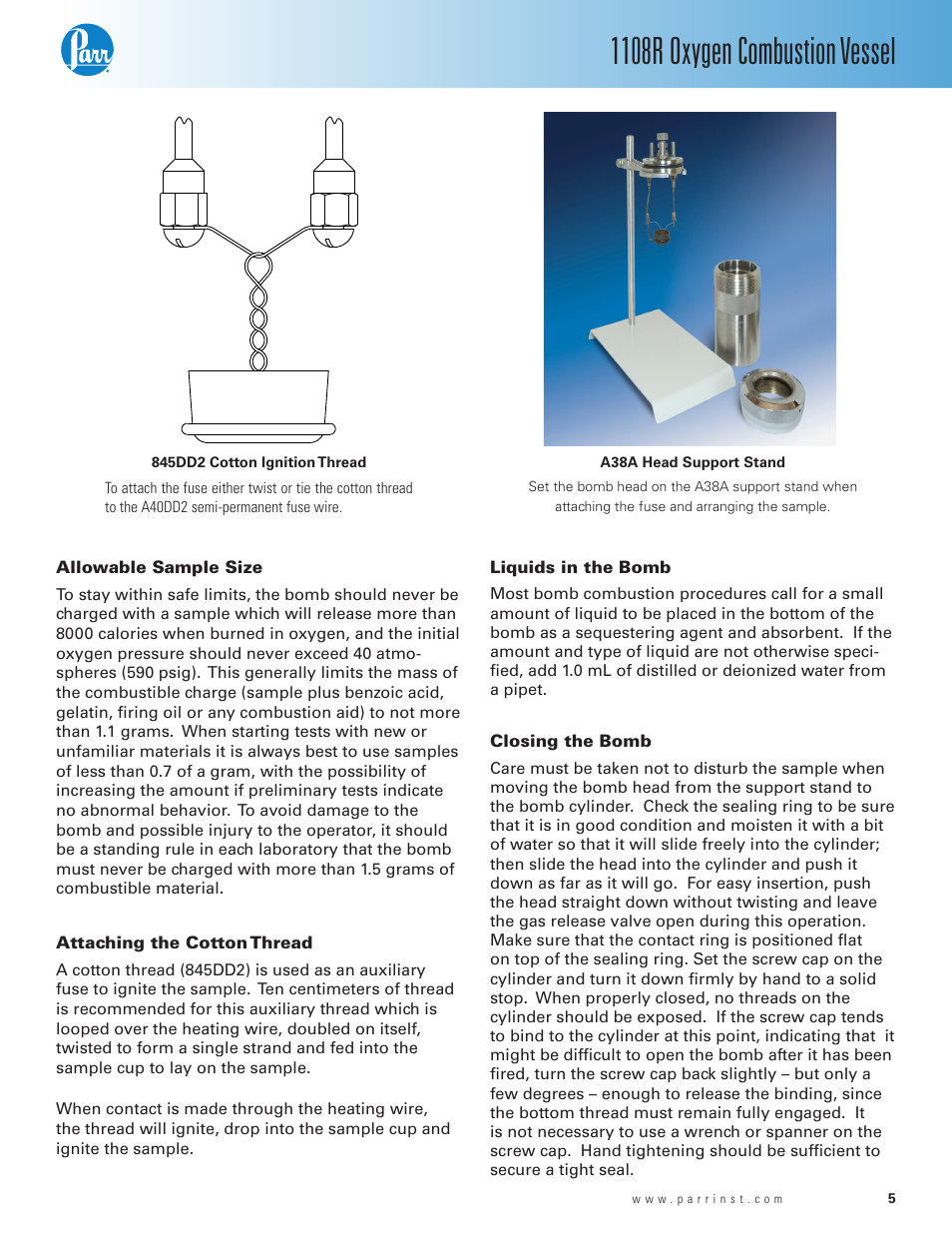 Allowable sample size, Attaching the cotton thread, Liquids in the bomb | Closing the bomb, 1108r oxygen combustion vessel | Parr Instrument 1108R User Manual | Page 5 / 20