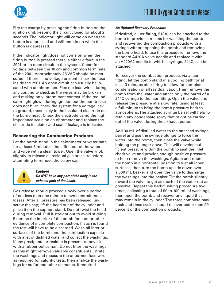 Recovering the combustion products, An optional recovery procedure, 1108r oxygen combustion vessel | Parr Instrument 1108R User Manual | Page 7 / 20