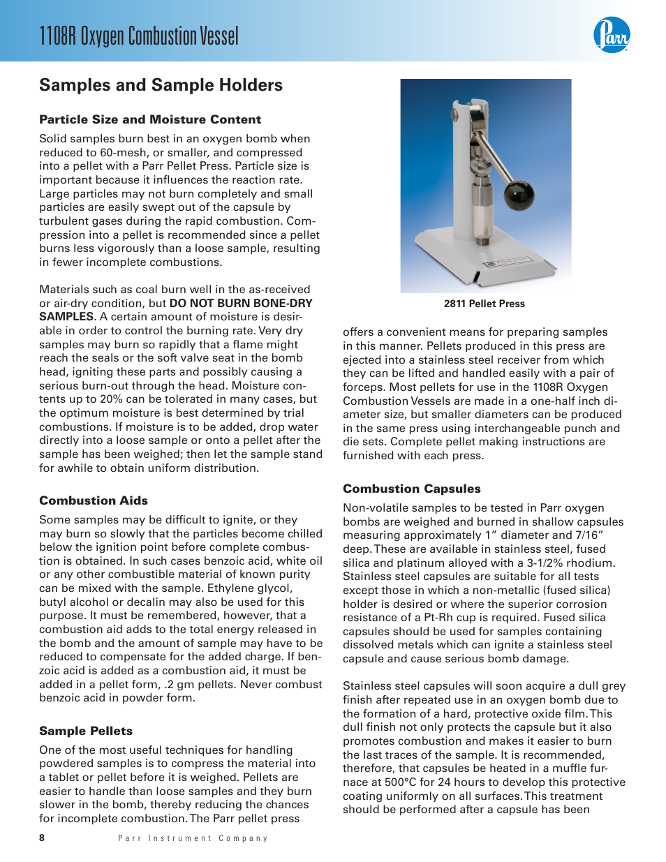 Samples and sample holders, Particle size and moisture content, Combustion aids | Sample pellets, Combustion capsules, 1108r oxygen combustion vessel | Parr Instrument 1108R User Manual | Page 8 / 20