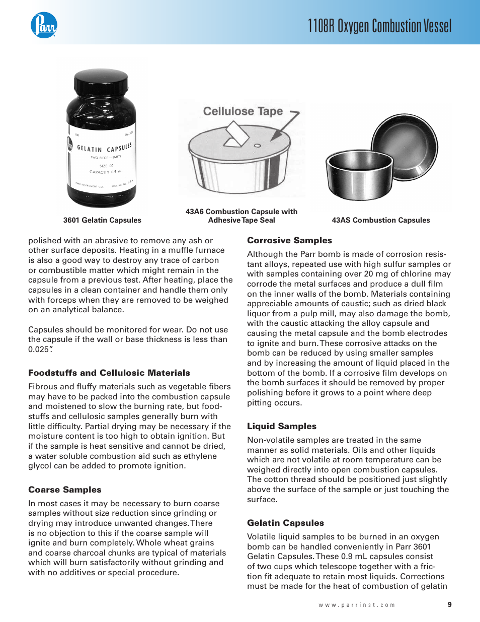 Foodstuffs and cellulosic materials, Coarse samples, Corrosive samples | Liquid samples, Gelatin capsules, 1108r oxygen combustion vessel | Parr Instrument 1108R User Manual | Page 9 / 20