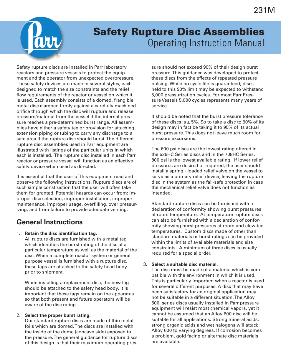 Parr Instrument Safety Rupture Disc Assemblies User Manual | 8 pages