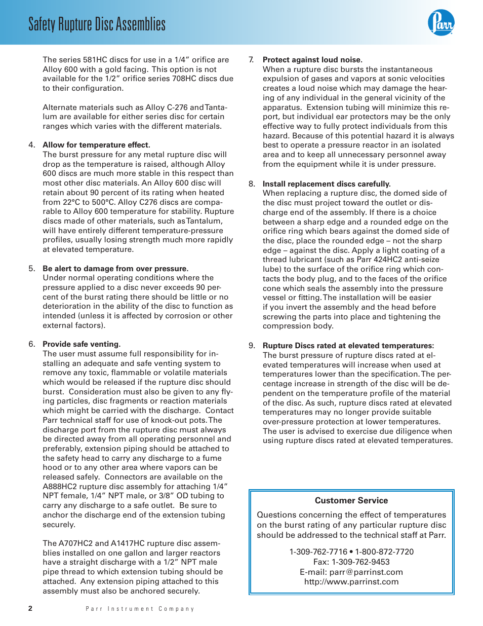 Safety rupture disc assemblies | Parr Instrument Safety Rupture Disc Assemblies User Manual | Page 2 / 8