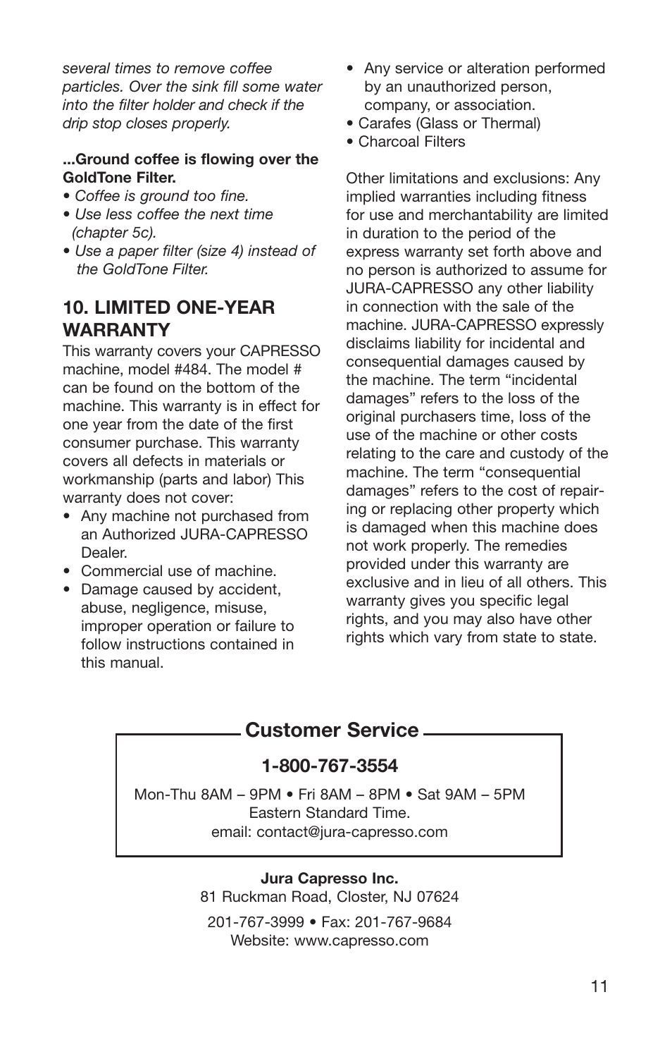 Customer service, Limited one-year warranty | Capresso 484 User Manual | Page 11 / 12