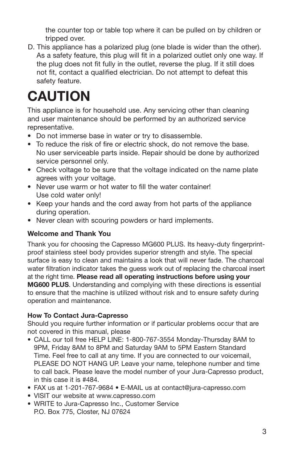 Caution | Capresso 484 User Manual | Page 3 / 12