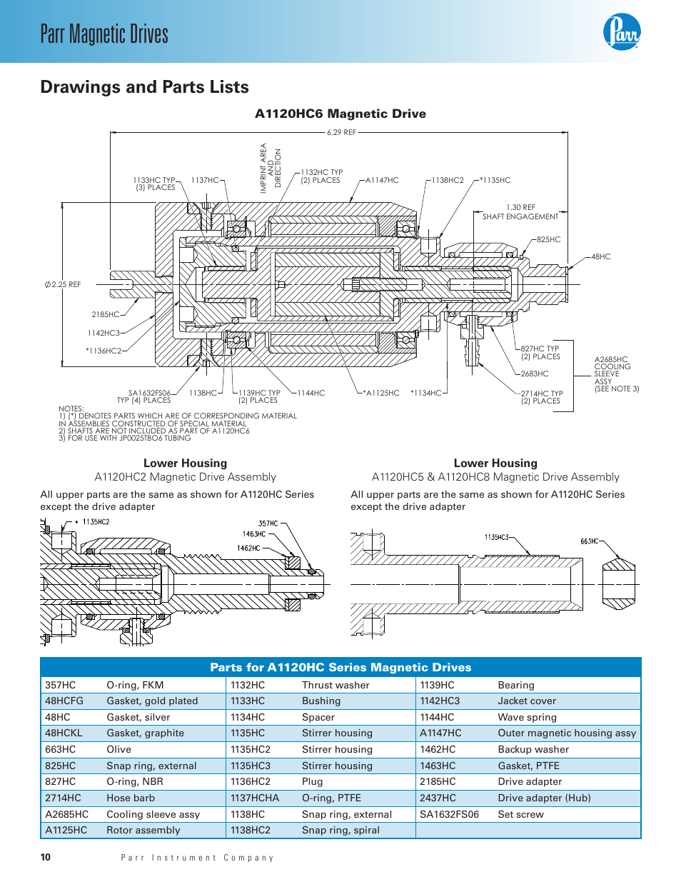 Drawings and parts lists, A1120hc6 magnetic drive, Parr magnetic drives | Parts for a1120hc series magnetic drives, Lower housing | Parr Instrument Magnetic Drive User Manual | Page 10 / 16
