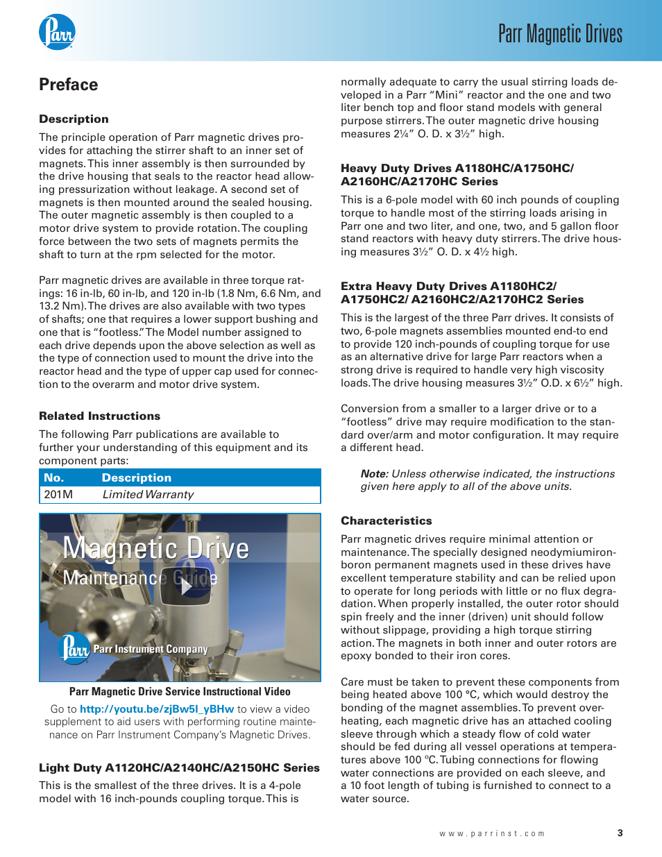 Preface, Description, Related instructions | Light duty a1120hc/a2140hc/a2150hc series, Characteristics, Heavy duty drives a1180hc/a1750hc/a2160hc/a2170hc, Series, A2170hc2 series, Parr magnetic drives | Parr Instrument Magnetic Drive User Manual | Page 3 / 16