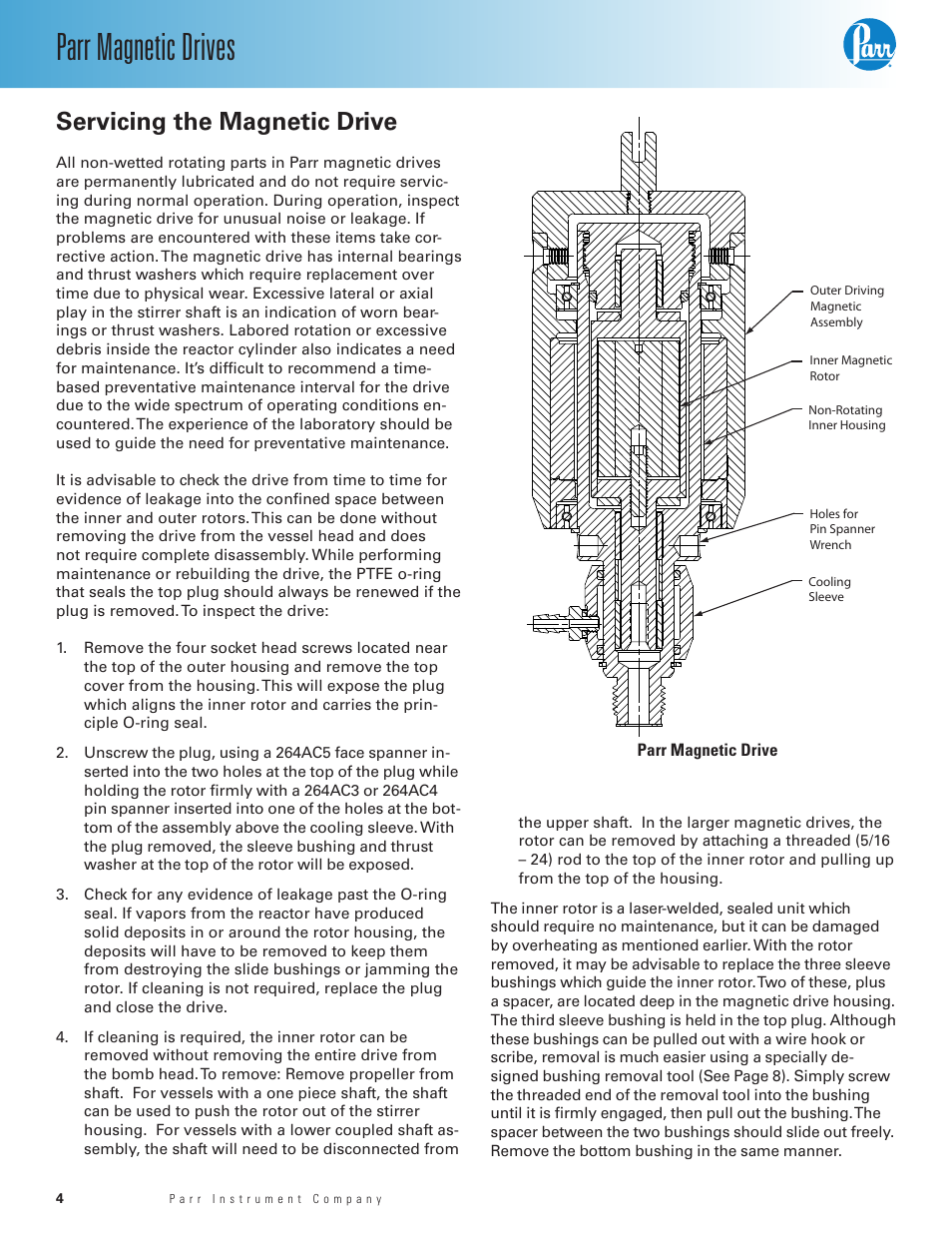 Servicing the magnetic drive, Parr magnetic drives | Parr Instrument Magnetic Drive User Manual | Page 4 / 16