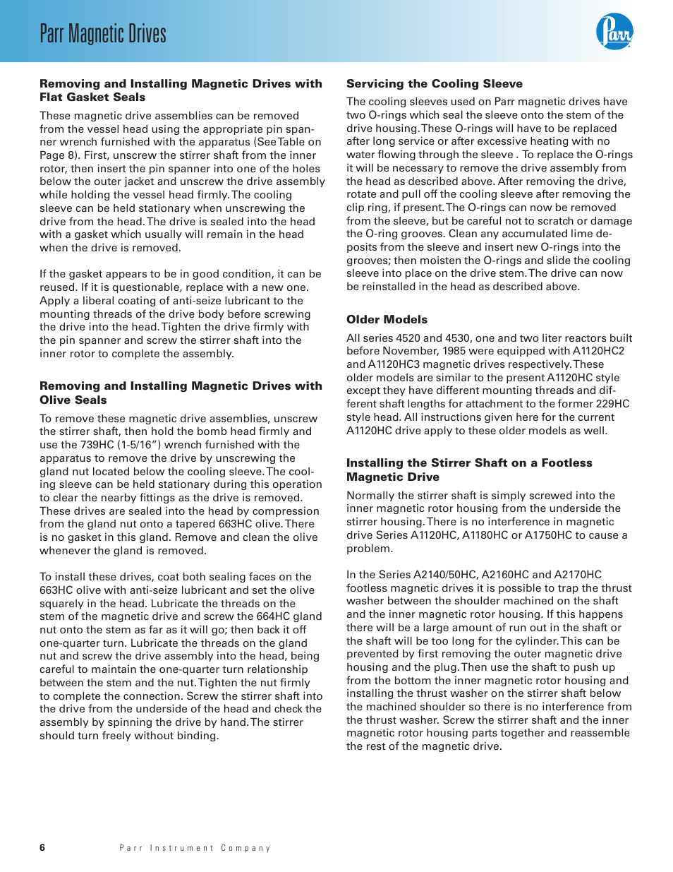 Servicing the cooling sleeve, Older models, Seals | Parr magnetic drives | Parr Instrument Magnetic Drive User Manual | Page 6 / 16