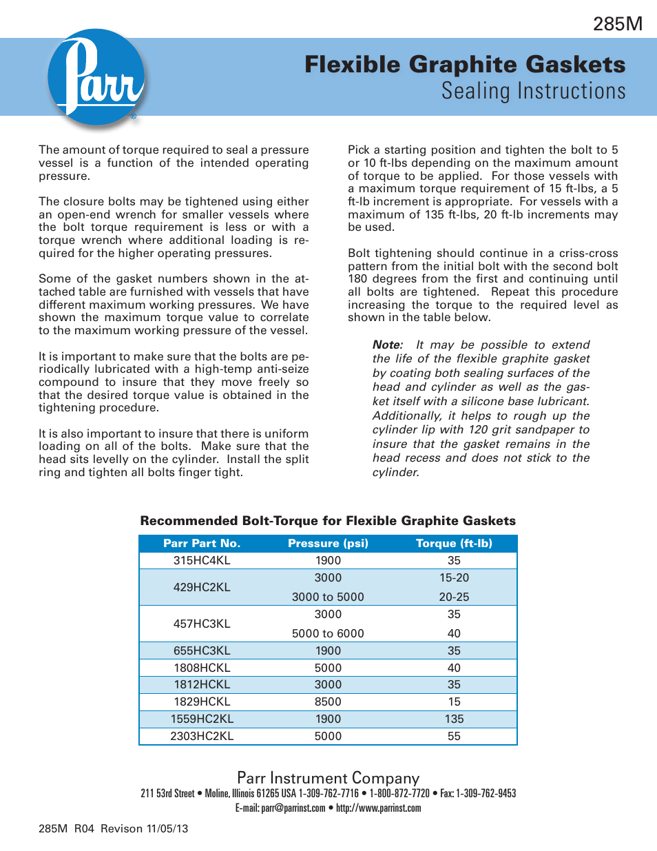 Parr Instrument Flexible Graphite Gaskets User Manual | 1 page