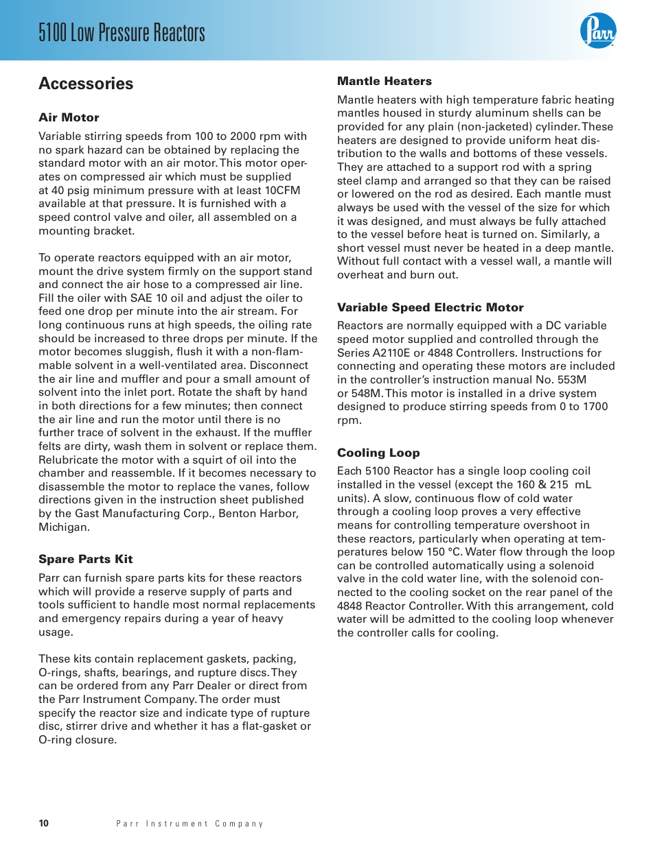 Accessories, Air motor, Spare parts kit | Mantle heaters, Variable speed electric motor, Cooling loop, 5100 low pressure reactors | Parr Instrument Series 5100 User Manual | Page 10 / 32