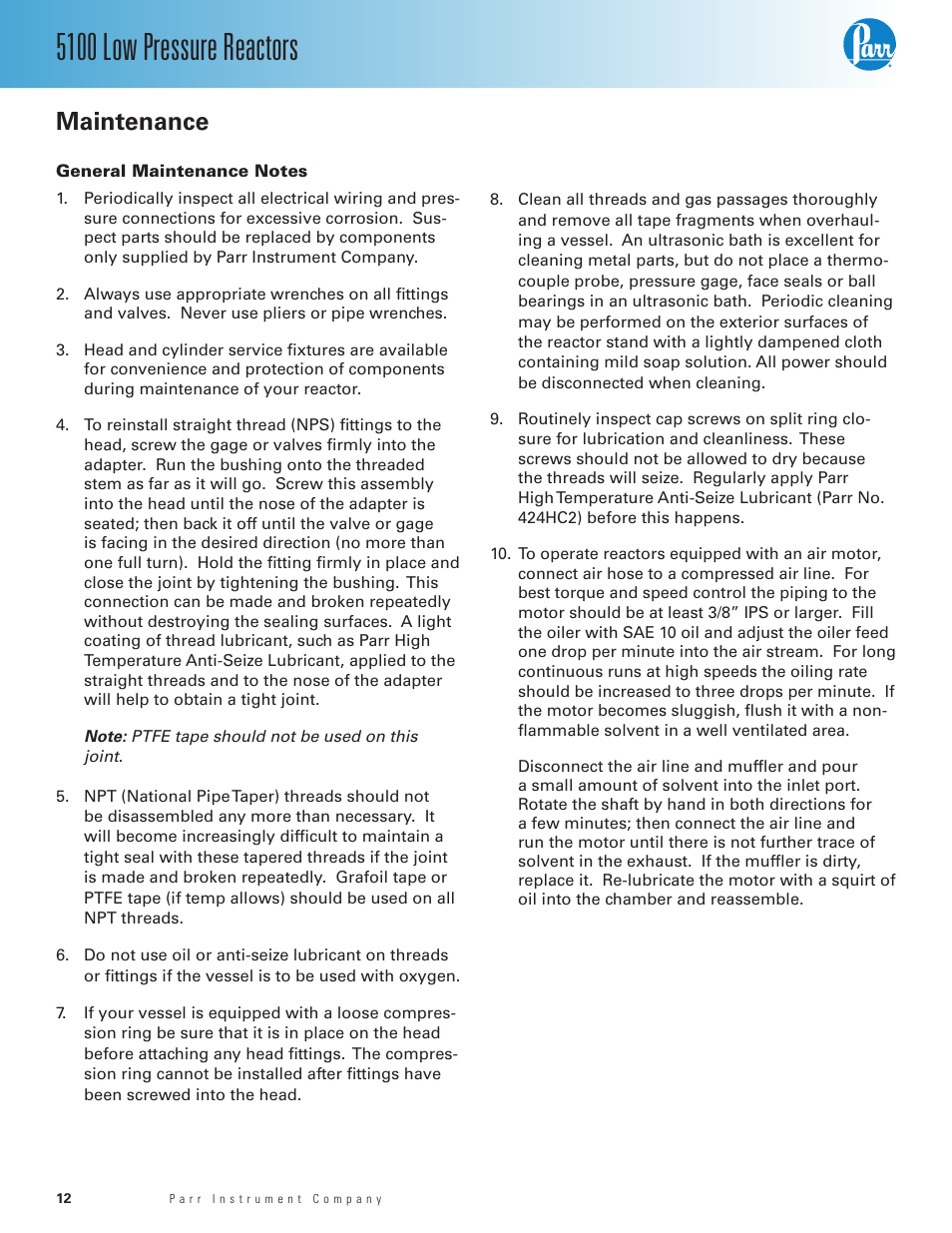 Maintenance, General maintenance notes, 5100 low pressure reactors | Parr Instrument Series 5100 User Manual | Page 12 / 32