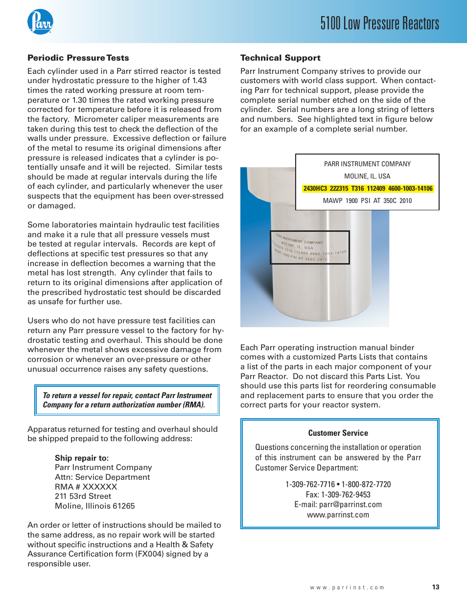 Periodic pressure tests, Technical support, 5100 low pressure reactors | Parr Instrument Series 5100 User Manual | Page 13 / 32