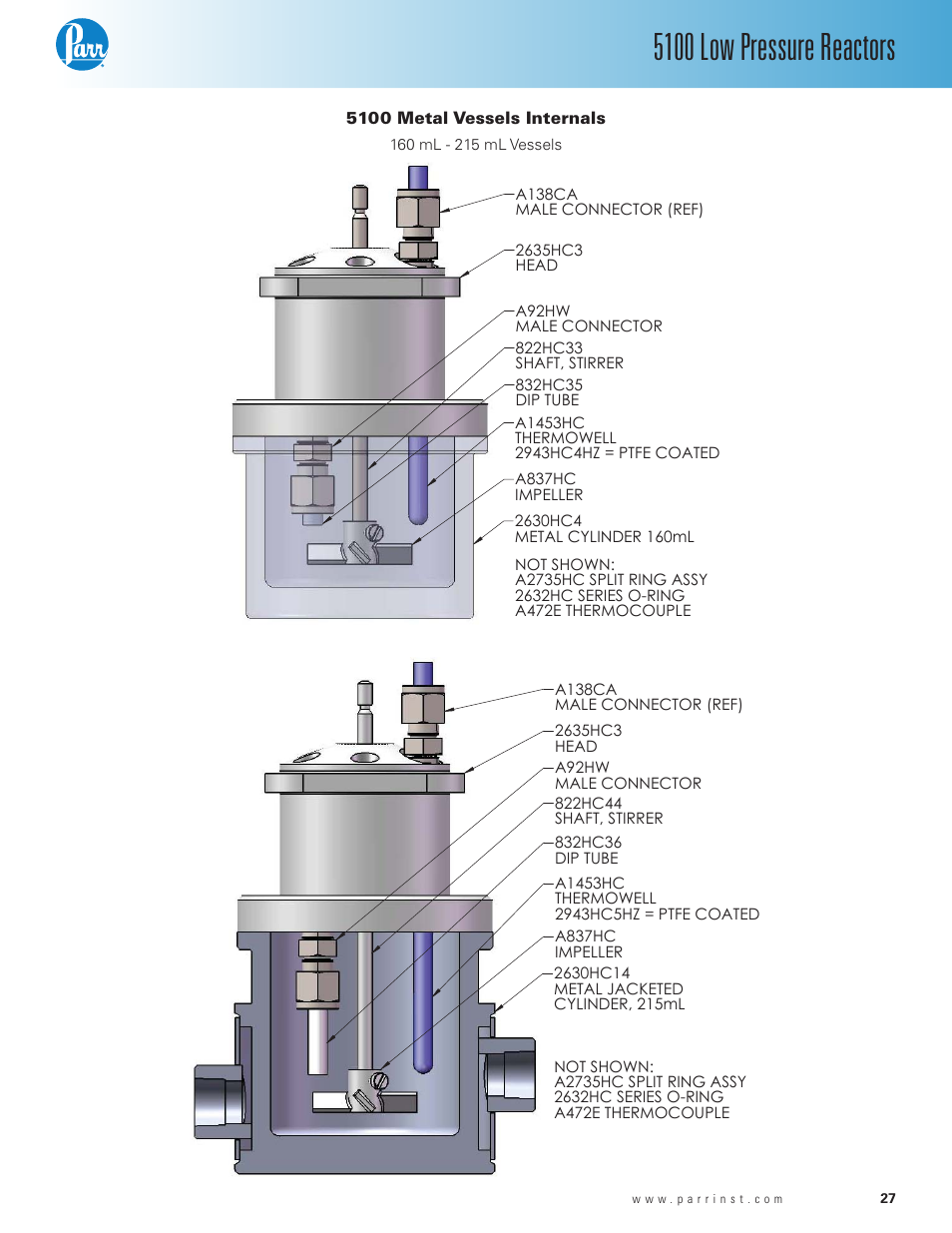 5100 metal vessels internals, 5100 low pressure reactors | Parr Instrument Series 5100 User Manual | Page 27 / 32