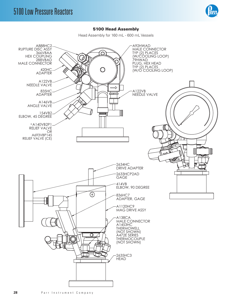 5100 head assembly, 5100 low pressure reactors | Parr Instrument Series 5100 User Manual | Page 28 / 32