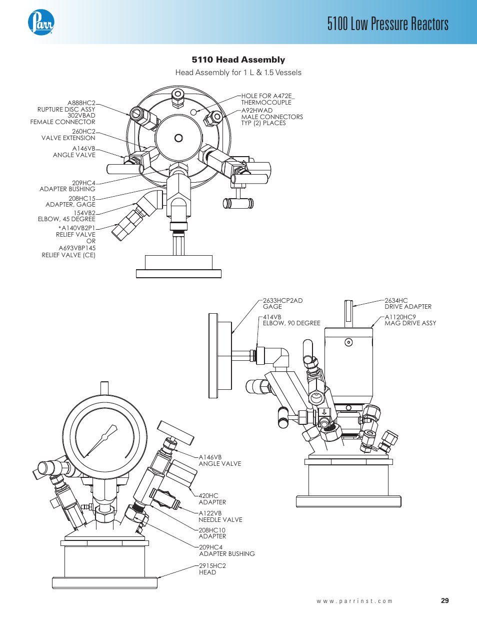 5110 head assembly, 5100 low pressure reactors | Parr Instrument Series 5100 User Manual | Page 29 / 32