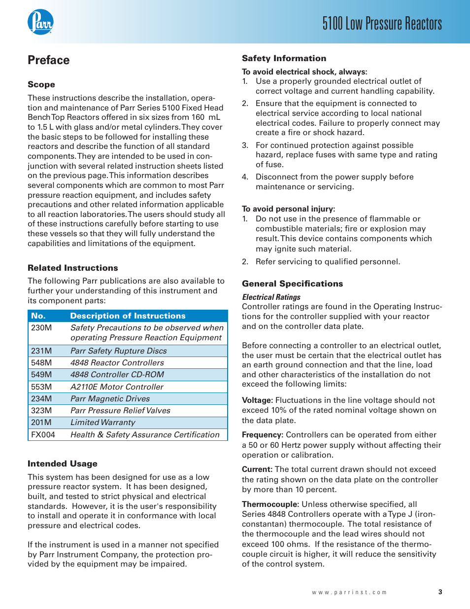 Preface, Scope, Related instructions | Intended usage, Safety information, General specifications, 5100 low pressure reactors | Parr Instrument Series 5100 User Manual | Page 3 / 32