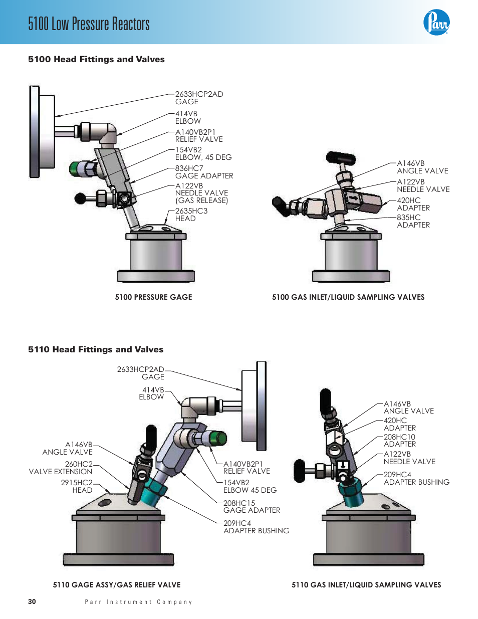 5100 head fittings and valves, 5110 head fittings and valves, 5100 low pressure reactors | Parr Instrument Series 5100 User Manual | Page 30 / 32