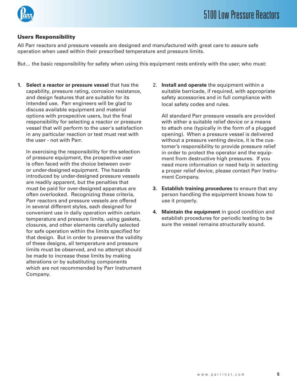 Users responsibility, 5100 low pressure reactors | Parr Instrument Series 5100 User Manual | Page 5 / 32