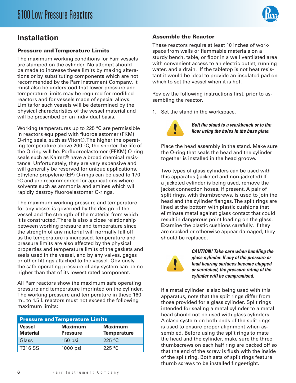 Installation, Pressure and temperature limits, Assemble the reactor | 5100 low pressure reactors | Parr Instrument Series 5100 User Manual | Page 6 / 32