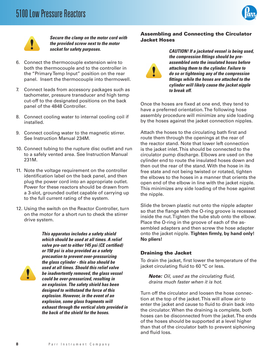 Draining the jacket, 5100 low pressure reactors | Parr Instrument Series 5100 User Manual | Page 8 / 32
