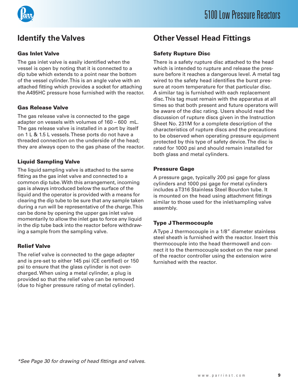 Identify the valves, Gas inlet valve, Gas release valve | Liquid sampling valve, Relief valve, Other vessel head fittings, Safety rupture disc, Pressure gage, Type j thermocouple, 5100 low pressure reactors | Parr Instrument Series 5100 User Manual | Page 9 / 32