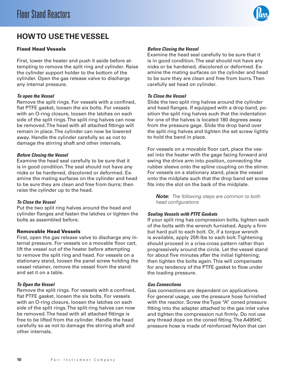 How to use the vessel, Fixed head vessels, Removable head vessels | Floor stand reactors | Parr Instrument Series 4530 User Manual | Page 10 / 28