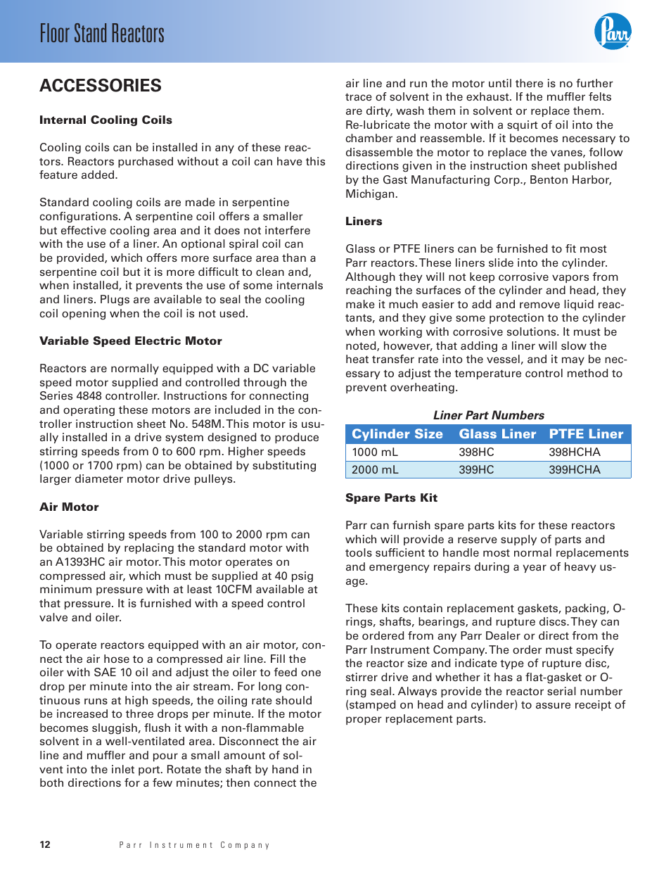Accessories, Internal cooling coils, Variable speed electric motor | Air motor, Liners, Spare parts kit, Floor stand reactors | Parr Instrument Series 4530 User Manual | Page 12 / 28