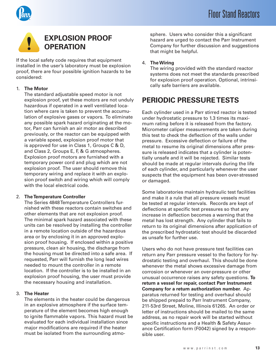 Explosion proofoperation, Periodic pressure tests, Floor stand reactors | Explosion proof operation | Parr Instrument Series 4530 User Manual | Page 13 / 28