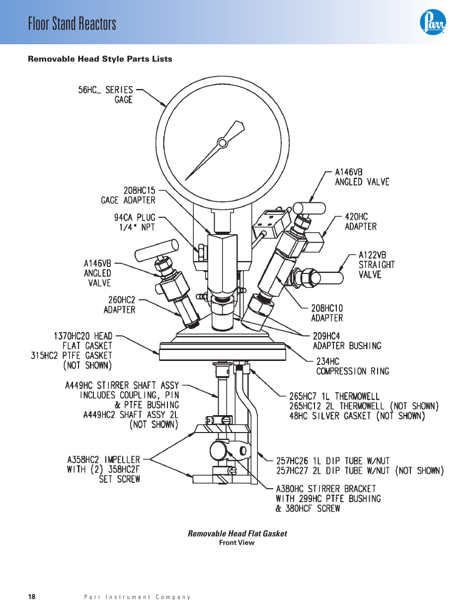 Removable head style parts lists, Floor stand reactors | Parr Instrument Series 4530 User Manual | Page 18 / 28