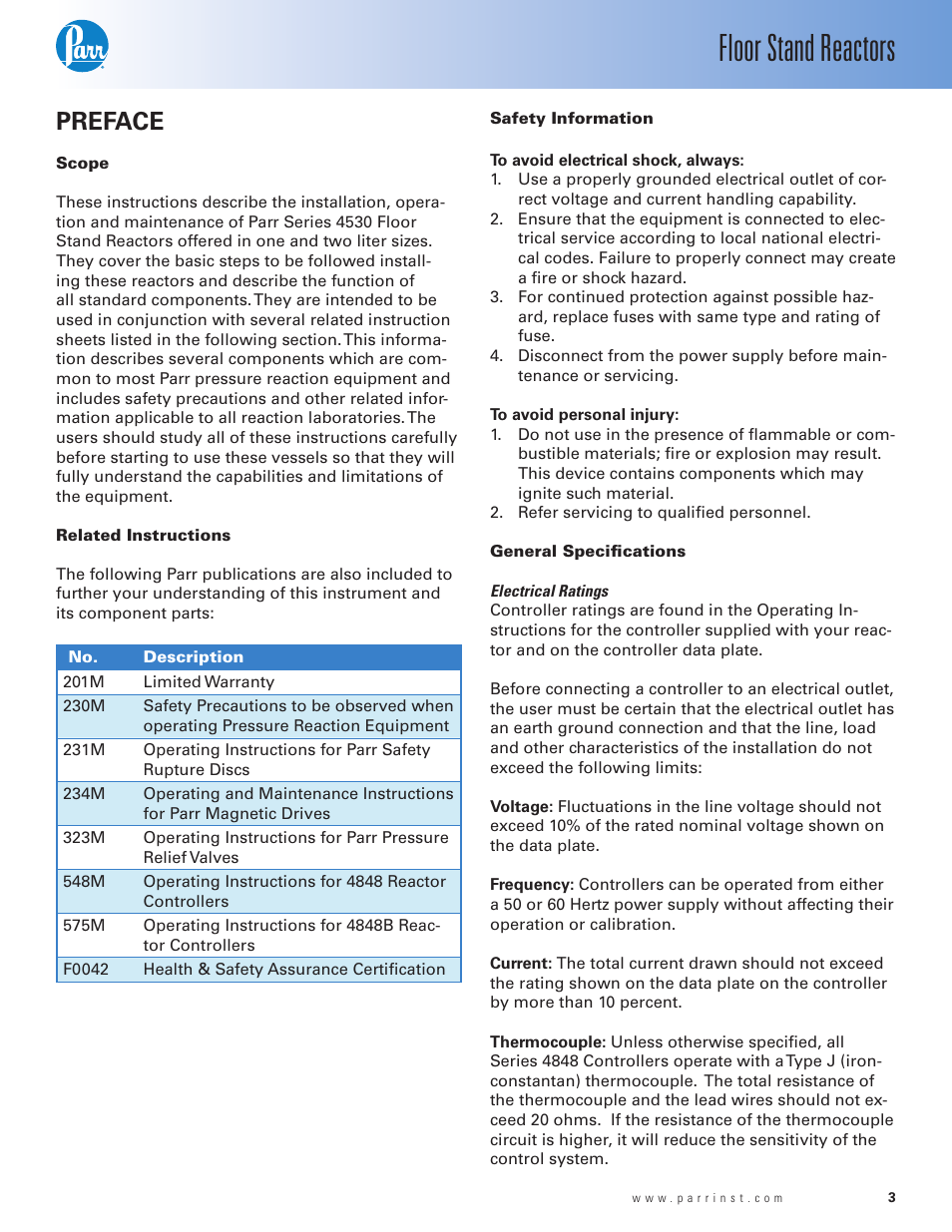 Preface, Scope, Related instructions | Safety information, General specifi cations, Floor stand reactors | Parr Instrument Series 4530 User Manual | Page 3 / 28