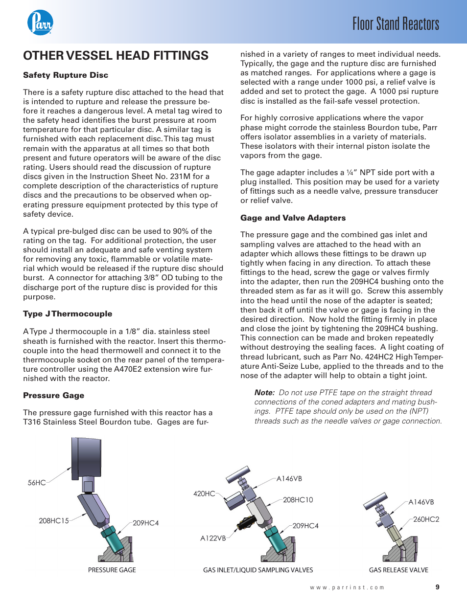 Other vessel head fittings, Safety rupture disc, Type j thermocouple | Pressure gage, Gage and valve adapters, Floor stand reactors | Parr Instrument Series 4530 User Manual | Page 9 / 28