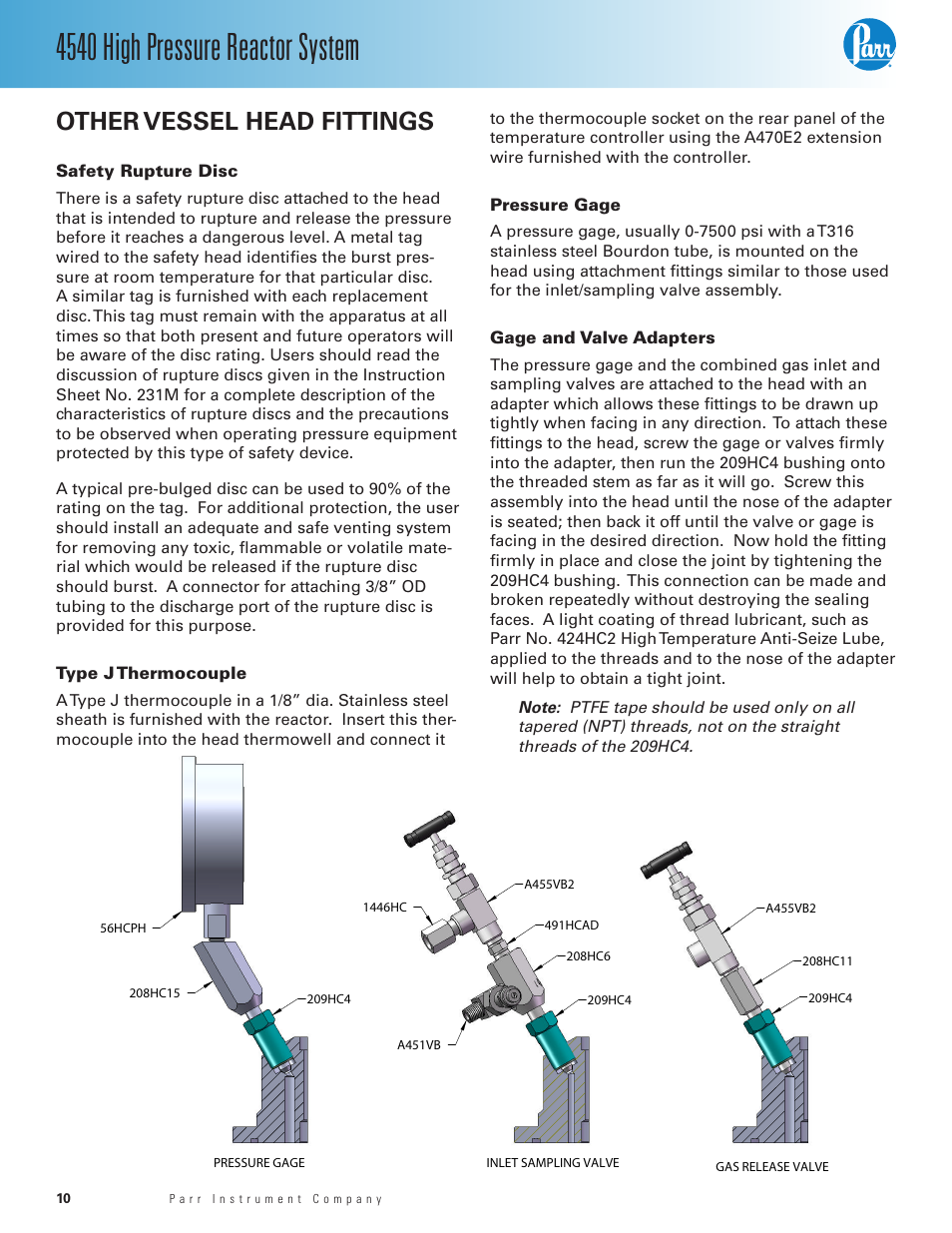 Other vessel head fittings, Safety rupture disc, Type j thermocouple | Pressure gage, Gage and valve adapters, 4540 high pressure reactor system | Parr Instrument Series 4540 User Manual | Page 10 / 32