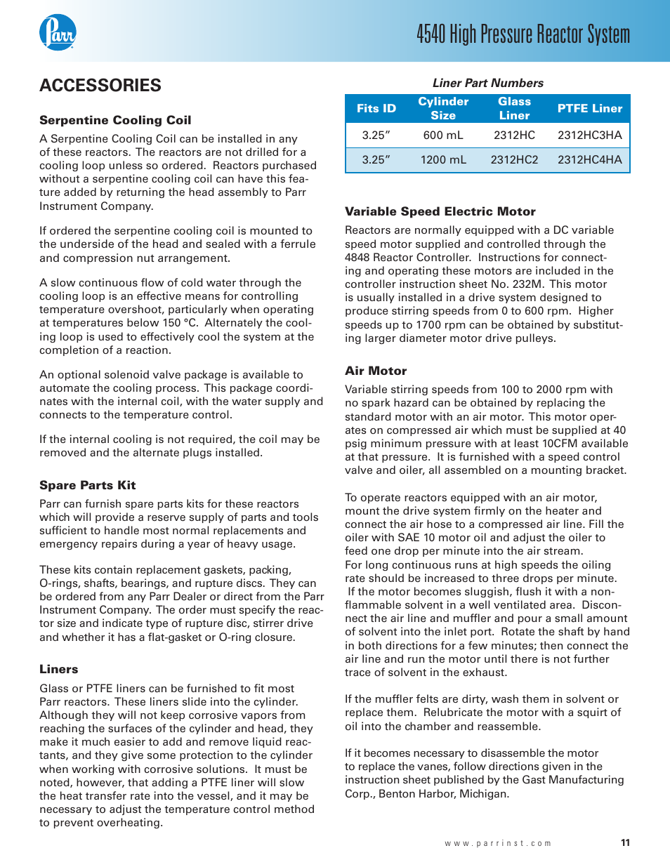 Accessories, Serpentine cooling coil, Spare parts kit | Liners, Variable speed electric motor, Air motor, 4540 high pressure reactor system | Parr Instrument Series 4540 User Manual | Page 11 / 32