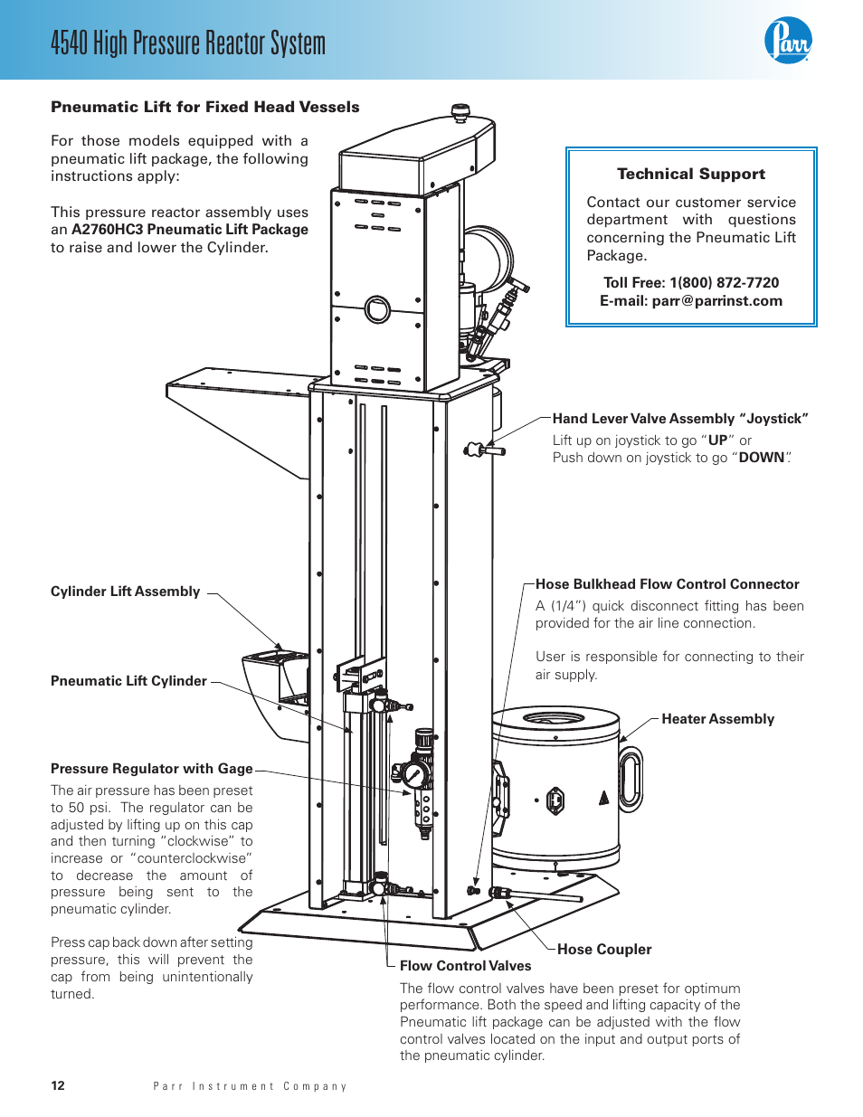 Pneumatic lift for fixed head vessels, 4540 high pressure reactor system | Parr Instrument Series 4540 User Manual | Page 12 / 32